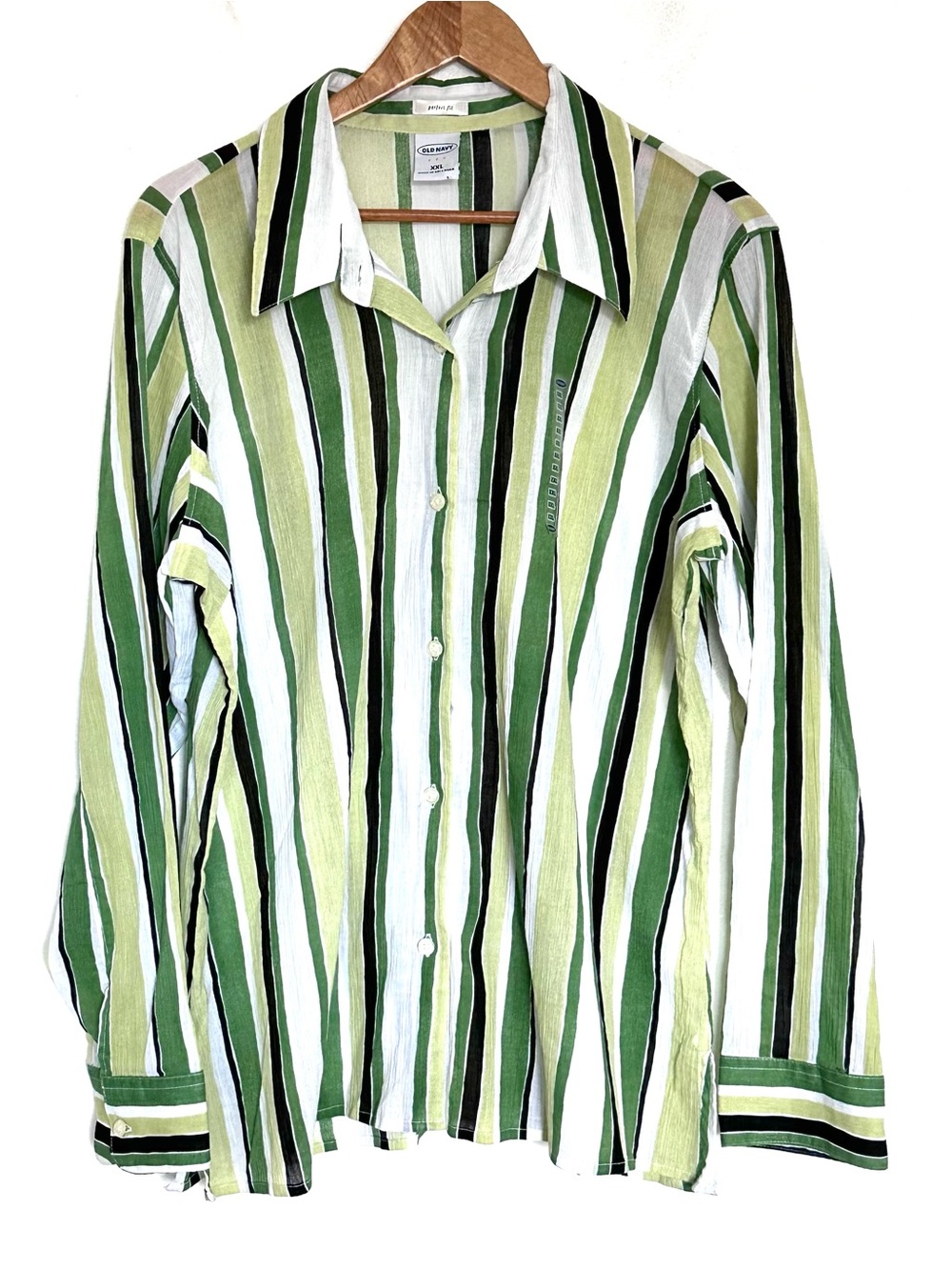 Old Navy Shirt Women’s XXL Green Striped Cotton Button Down Long Sleeve Top